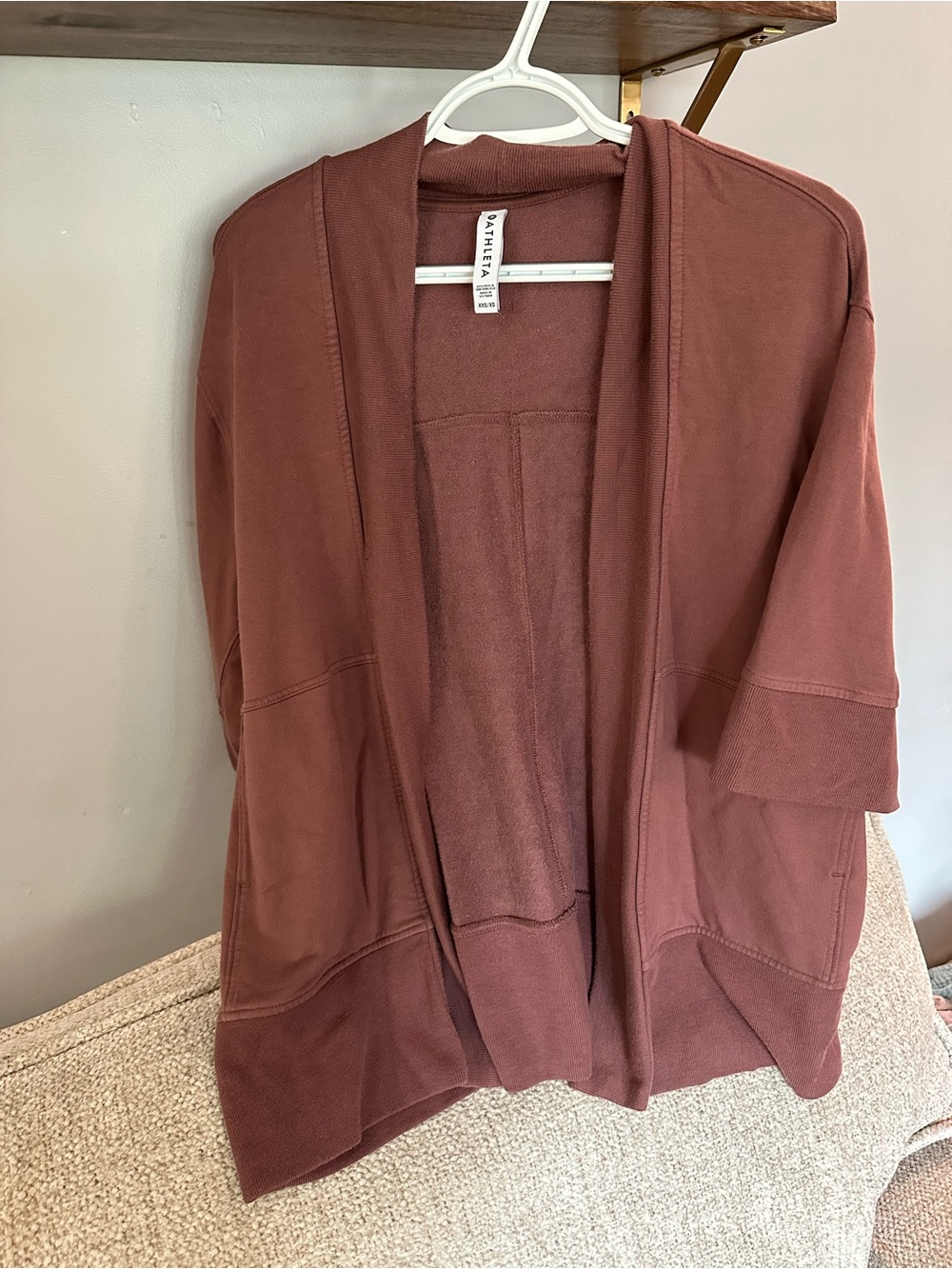 Athleta Short-Sleeve Open-Front Cardigan in Mauve Brown